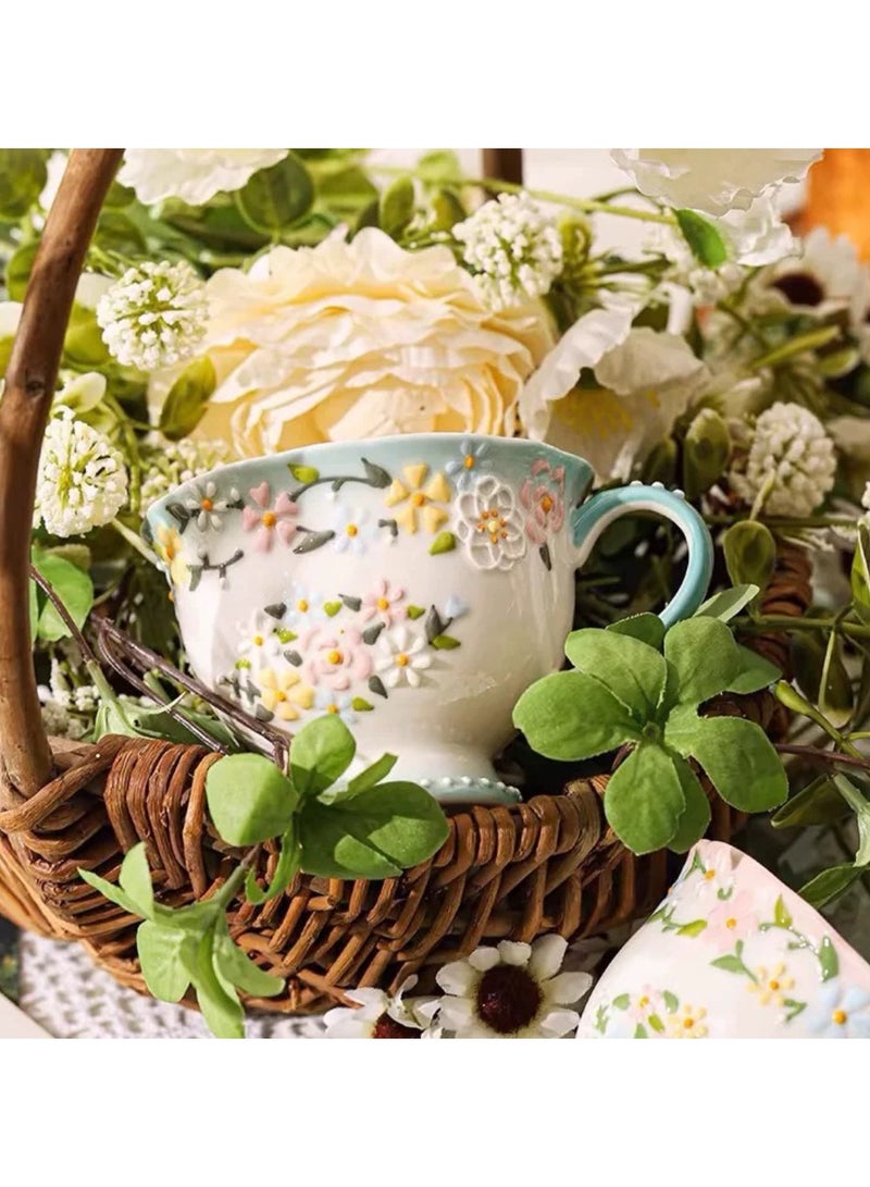 Floral Embossed Coffee Cup and Saucer Set - 260ml Hand-Painted Ceramic Tea Cup with 3D Relief Flowers, Elegant Afternoon Tea Set for Espresso, Latte, or Loose Leaf Tea - Image 1
