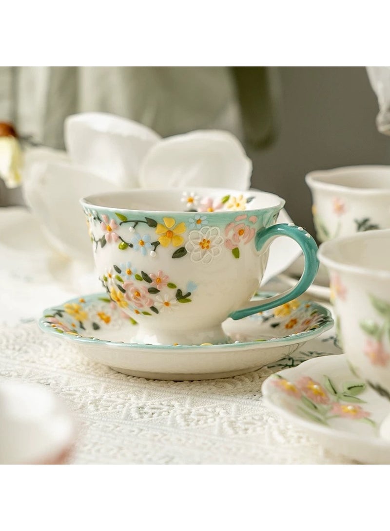Floral Embossed Coffee Cup and Saucer Set - 260ml Hand-Painted Ceramic Tea Cup with 3D Relief Flowers, Elegant Afternoon Tea Set for Espresso, Latte, or Loose Leaf Tea - Image 3
