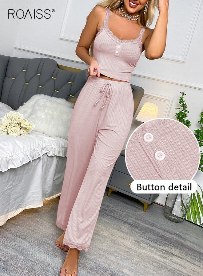 roaiss 2 Piece Set Women Loungewear Ladies Lace Solid Color Pajama Set Casual Suspender Long Pants for Comfortable Home Wear Soft Breathable Elastic Waist Slim Fit Pink - Image 2