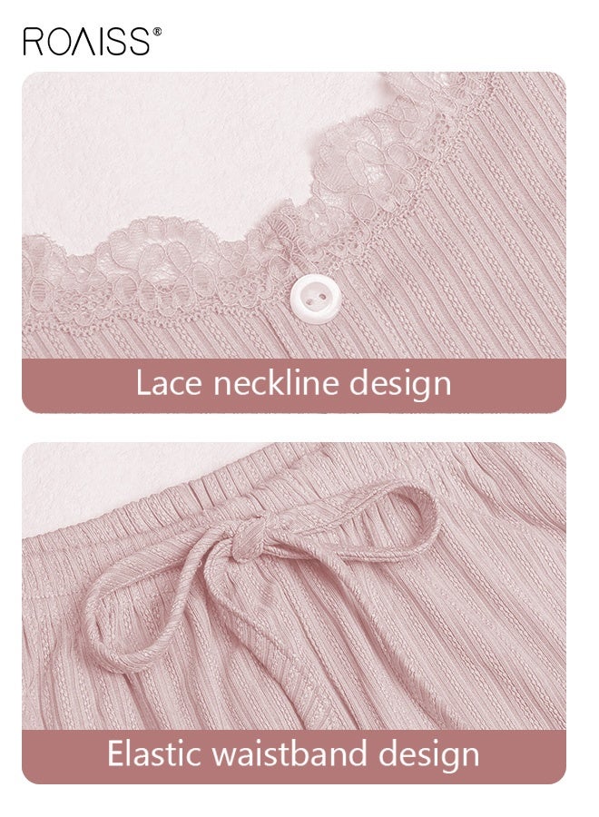 roaiss 2 Piece Set Women Loungewear Ladies Lace Solid Color Pajama Set Casual Suspender Long Pants for Comfortable Home Wear Soft Breathable Elastic Waist Slim Fit Pink - Image 5