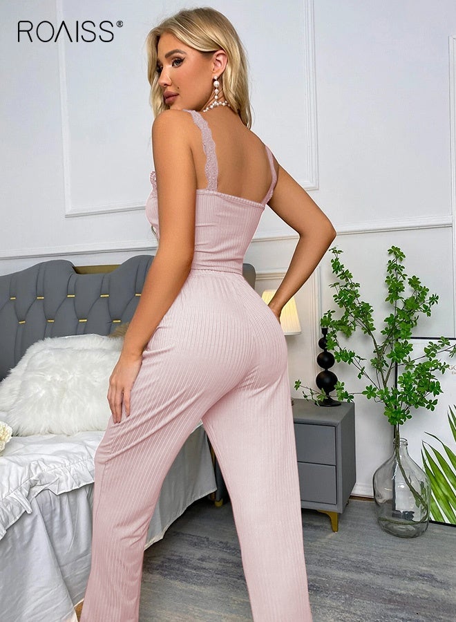 roaiss 2 Piece Set Women Loungewear Ladies Lace Solid Color Pajama Set Casual Suspender Long Pants for Comfortable Home Wear Soft Breathable Elastic Waist Slim Fit Pink - Image 3