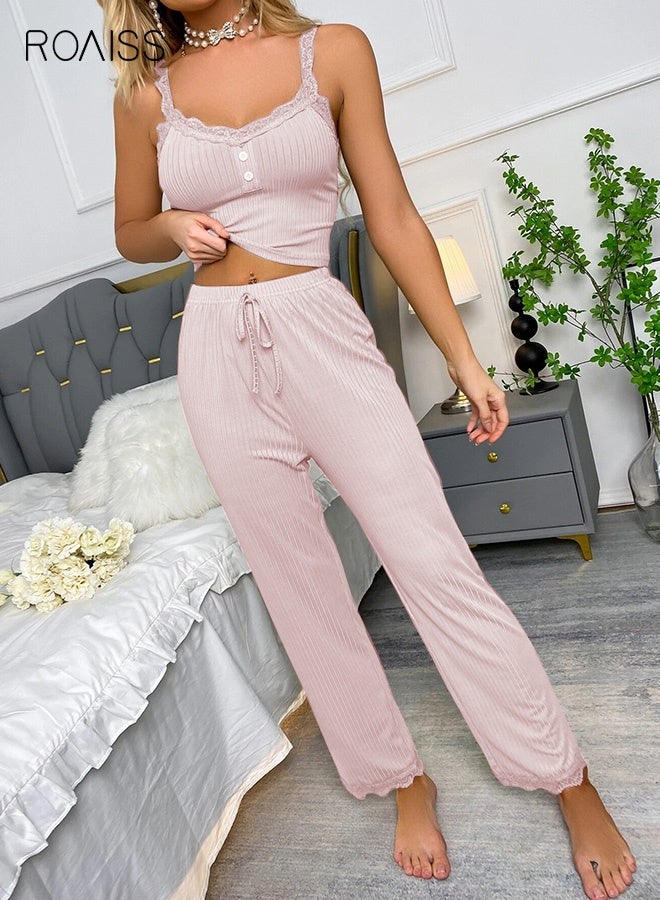 roaiss 2 Piece Set Women Loungewear Ladies Lace Solid Color Pajama Set Casual Suspender Long Pants for Comfortable Home Wear Soft Breathable Elastic Waist Slim Fit Pink - Image 1