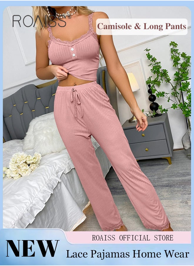 roaiss - 2 Piece Set Women Loungewear Ladies Lace Solid Color Pajama Set Casual Suspender Long Pants for Comfortable Home Wear - Image 1