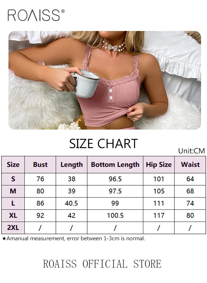 roaiss - 2 Piece Set Women Loungewear Ladies Lace Solid Color Pajama Set Casual Suspender Long Pants for Comfortable Home Wear - Image 1