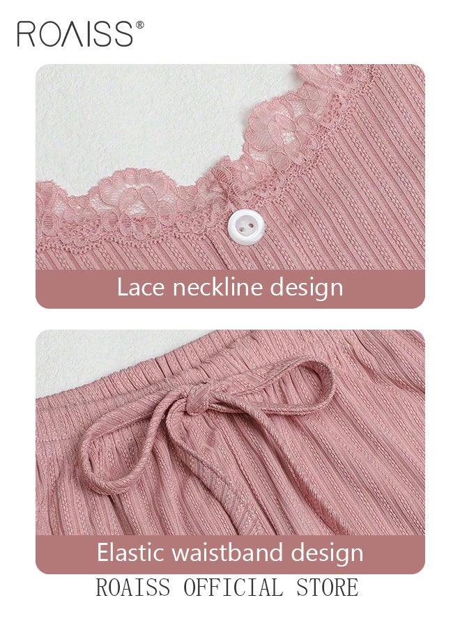 roaiss - 2 Piece Set Women Loungewear Ladies Lace Solid Color Pajama Set Casual Suspender Long Pants for Comfortable Home Wear - Image 1