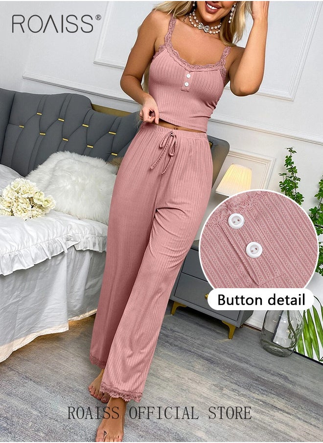 roaiss - 2 Piece Set Women Loungewear Ladies Lace Solid Color Pajama Set Casual Suspender Long Pants for Comfortable Home Wear - Image 1