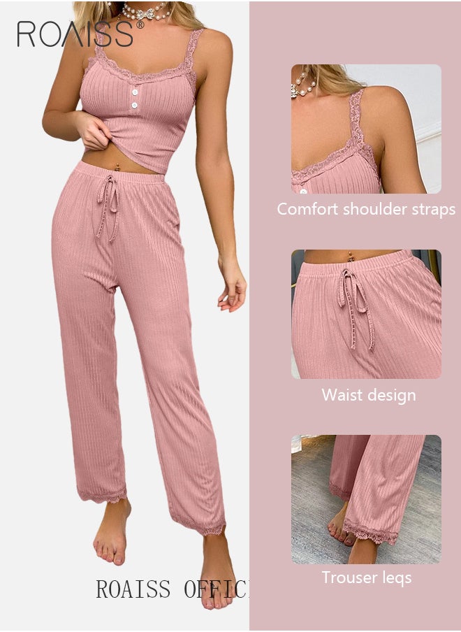 roaiss - 2 Piece Set Women Loungewear Ladies Lace Solid Color Pajama Set Casual Suspender Long Pants for Comfortable Home Wear - Image 1