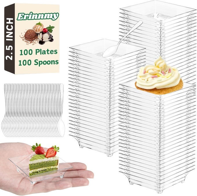 100 PCS MINI DESSERT PLATES WITH SPOONS24 MINI DISPOSABLE APPETIZER PLATESREUSABLE SQUARE PLASTIC MINI PLATESCLEAR MINI DESSERT PLATES FOR DESSERT APPETIZER SAUCE CAKE FRUIT1 OZ