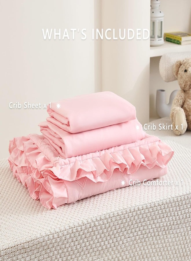NacoMoco 3-Piece Tufted Ruffle Crib Bedding Set for Girls Boys - Soft Cute Nursery Bedding Set Includes Boho Crib Comforter, Crib Sheet, and Crib Skirt (Pink) - Image 5