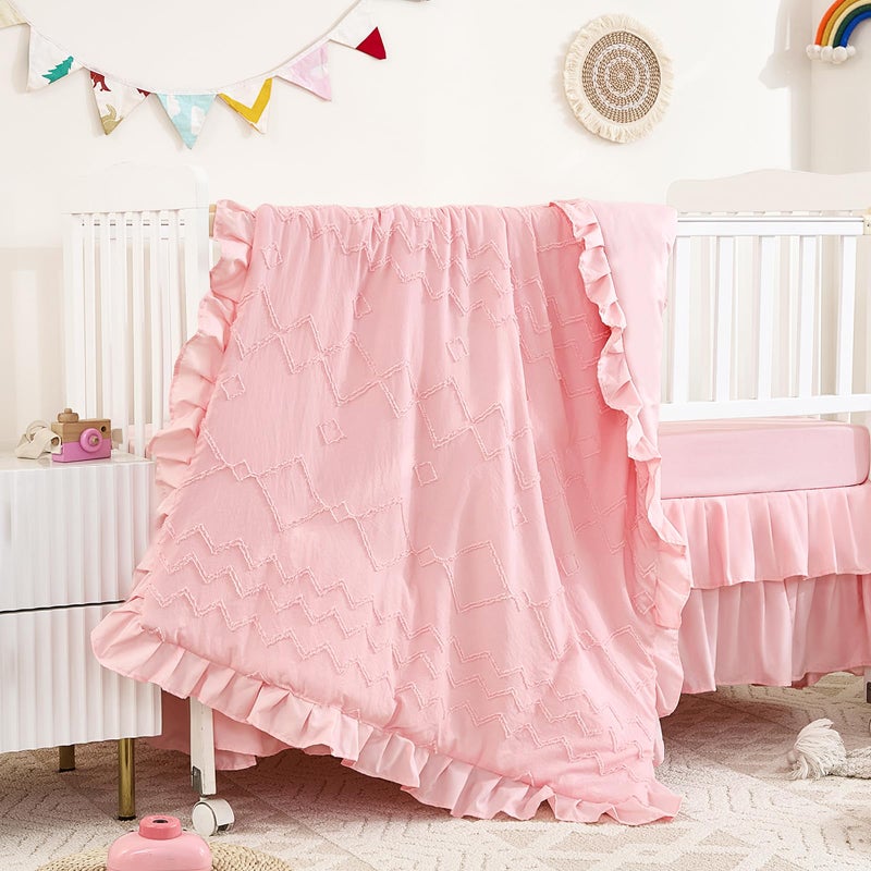 NacoMoco 3-Piece Tufted Ruffle Crib Bedding Set for Girls Boys - Soft Cute Nursery Bedding Set Includes Boho Crib Comforter, Crib Sheet, and Crib Skirt (Pink) - Image 1