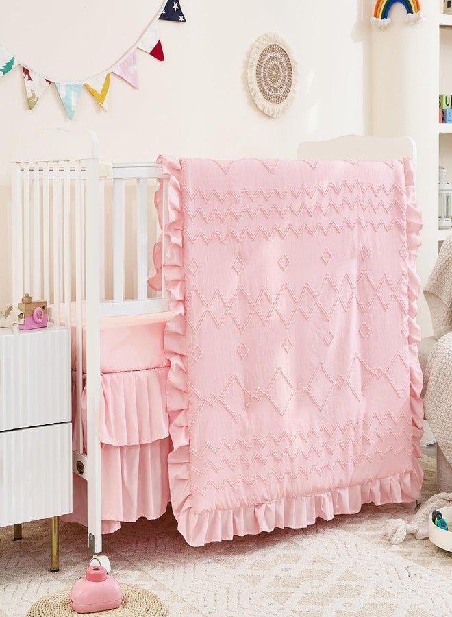 NacoMoco 3-Piece Tufted Ruffle Crib Bedding Set for Girls Boys - Soft Cute Nursery Bedding Set Includes Boho Crib Comforter, Crib Sheet, and Crib Skirt (Pink) - Image 2