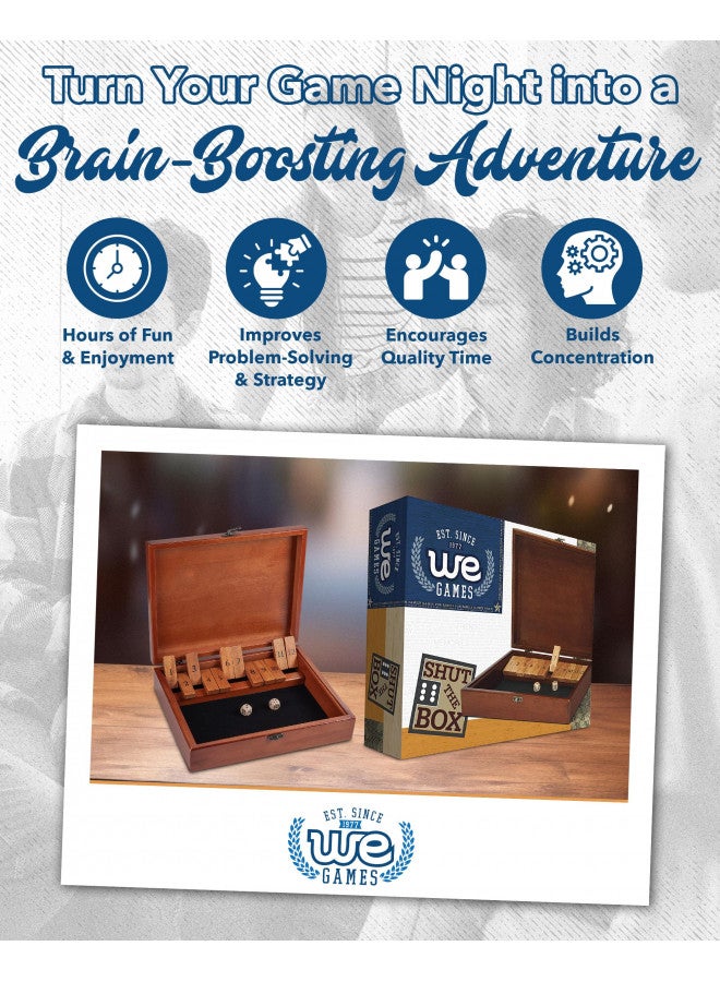 WE Games Shut The Box Game with 12 Numbers in an Old World Styled Wood Box with a Lid and a Brass Latch - Image 5