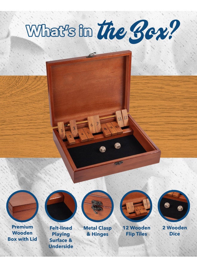 WE Games Shut The Box Game with 12 Numbers in an Old World Styled Wood Box with a Lid and a Brass Latch - Image 4
