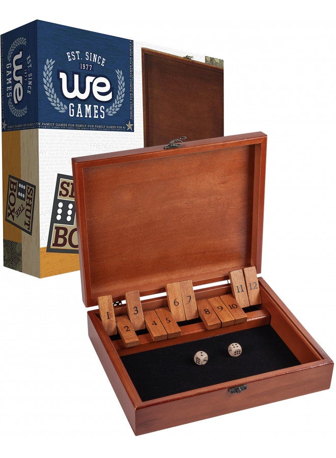 WE Games Shut The Box Game with 12 Numbers in an Old World Styled Wood Box with a Lid and a Brass Latch - Image 1