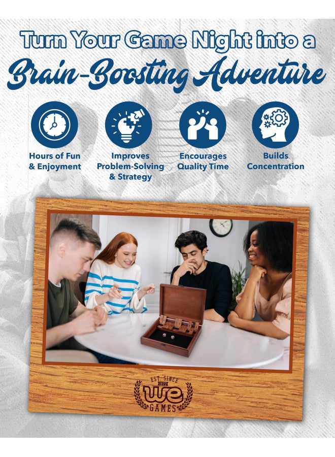 WE Games Shut The Box Game with 12 Numbers in an Old World Styled Wood Box with a Lid and a Brass Latch - Image 3