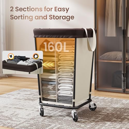 Wawocs 160L Laundry Basket with Wheels, 2-section Rolling Laundry Basket, Large Laundry Hamper with Wheels, Rolling Laundry Hamper Clothes Hamper for Home, Bathrooms and Dorm(Beige) - Image 4