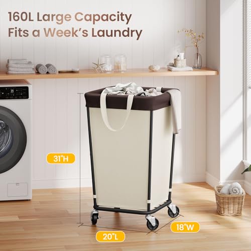 Wawocs 160L Laundry Basket with Wheels, 2-section Rolling Laundry Basket, Large Laundry Hamper with Wheels, Rolling Laundry Hamper Clothes Hamper for Home, Bathrooms and Dorm(Beige) - Image 3