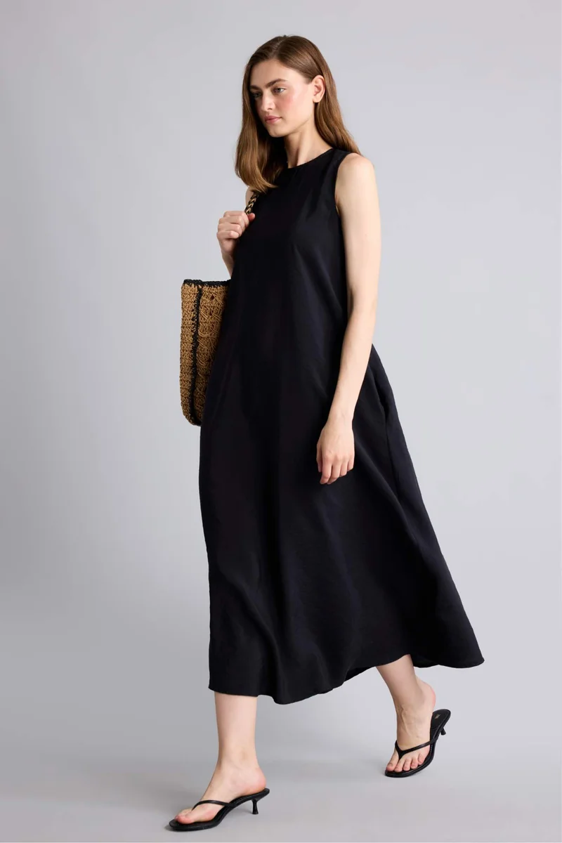 A-Line Crew Neck Modal Midi Black Dress