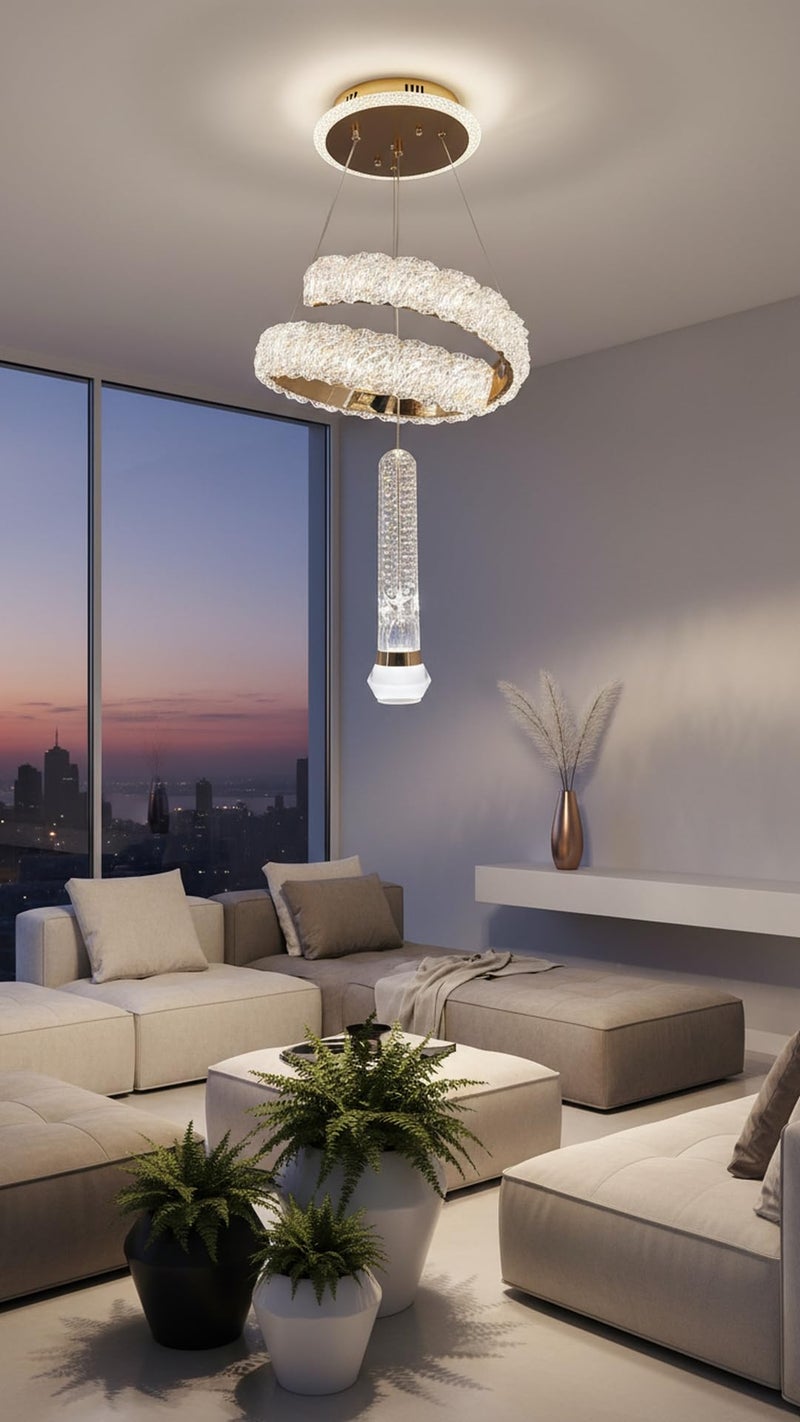 swanart Icelis Crystal LED Chandelier – Modern Pendant Ceiling Light with 3-in-1 Color Change, Adjustable Height, Luxurious Crystal & Metal Design, Ideal for Living Room, Dining Room & Bedroom - Image 3