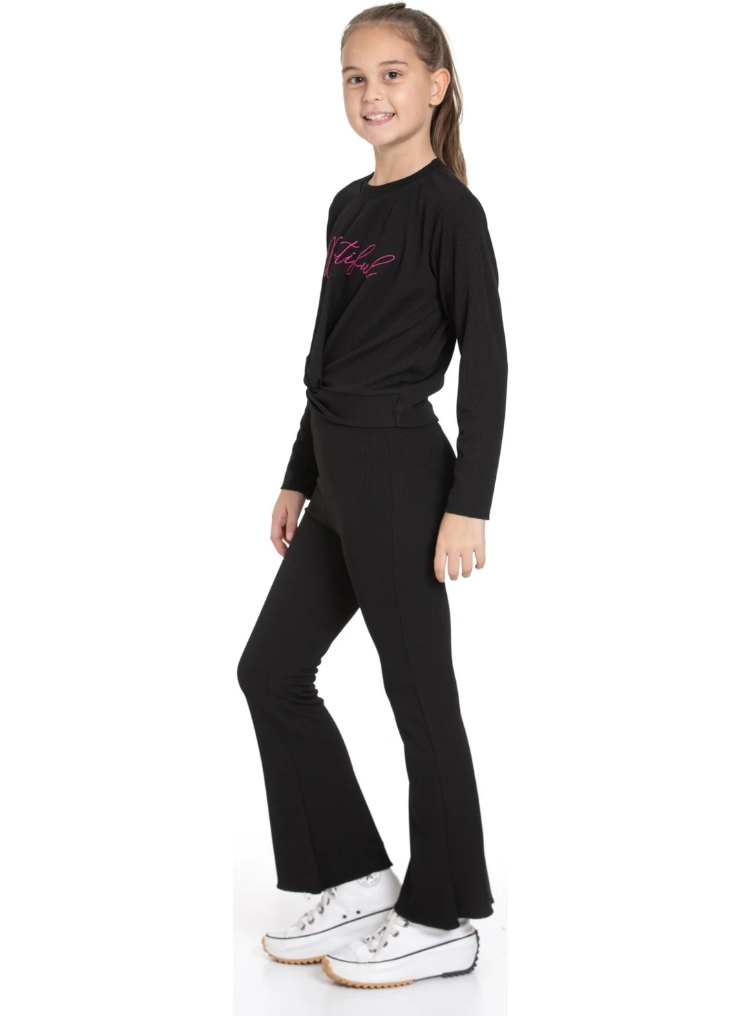 Zepkids Crew Neck Long Sleeve Printed Black Color Girl Child Trouser Set