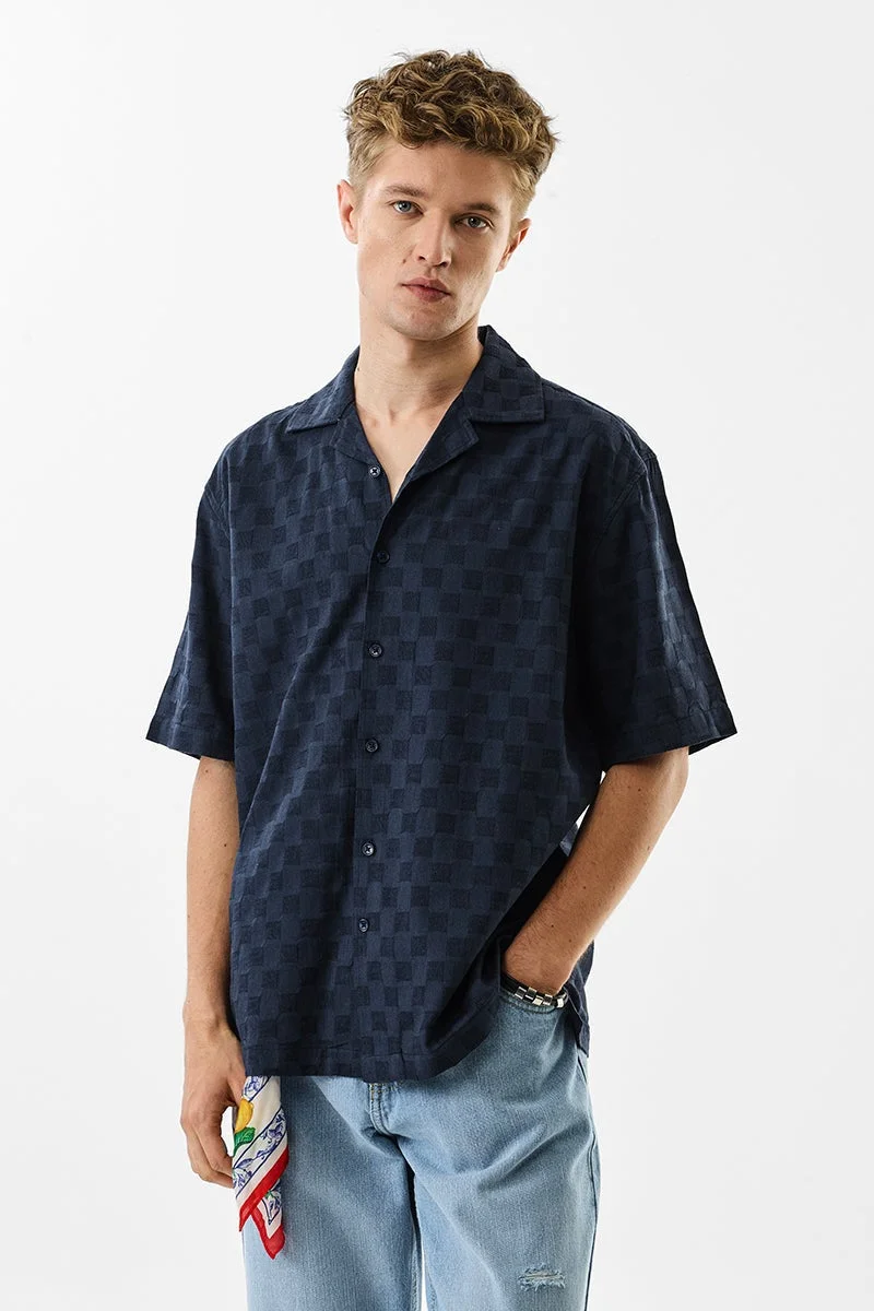 سنيتش Dark Blue Textured Half Sleeve Oversized Shirt