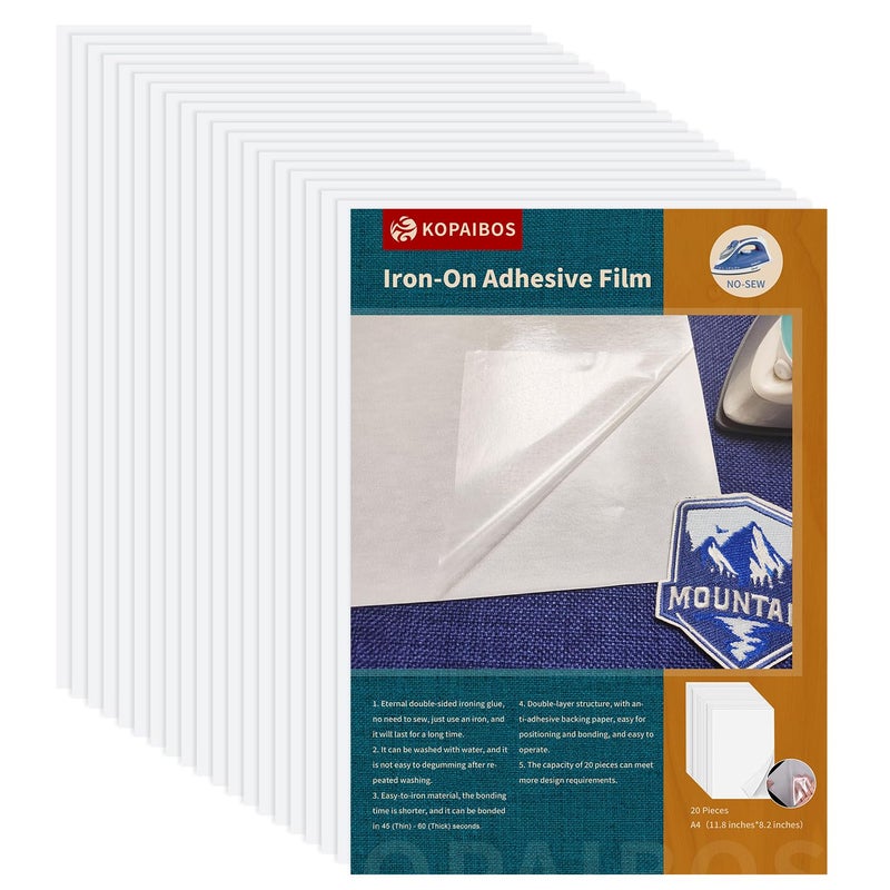 KOPAIBOS KEPAIBOS Double Sided Iron On Adhesive Sheets with Backing Easy-Iron Permanent Fusible Patch Fabric Glue A4 Size 20 PCS (Lightweight M) - Image 1
