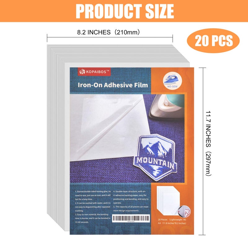 KOPAIBOS KEPAIBOS Double Sided Iron On Adhesive Sheets with Backing Easy-Iron Permanent Fusible Patch Fabric Glue A4 Size 20 PCS (Lightweight M) - Image 2