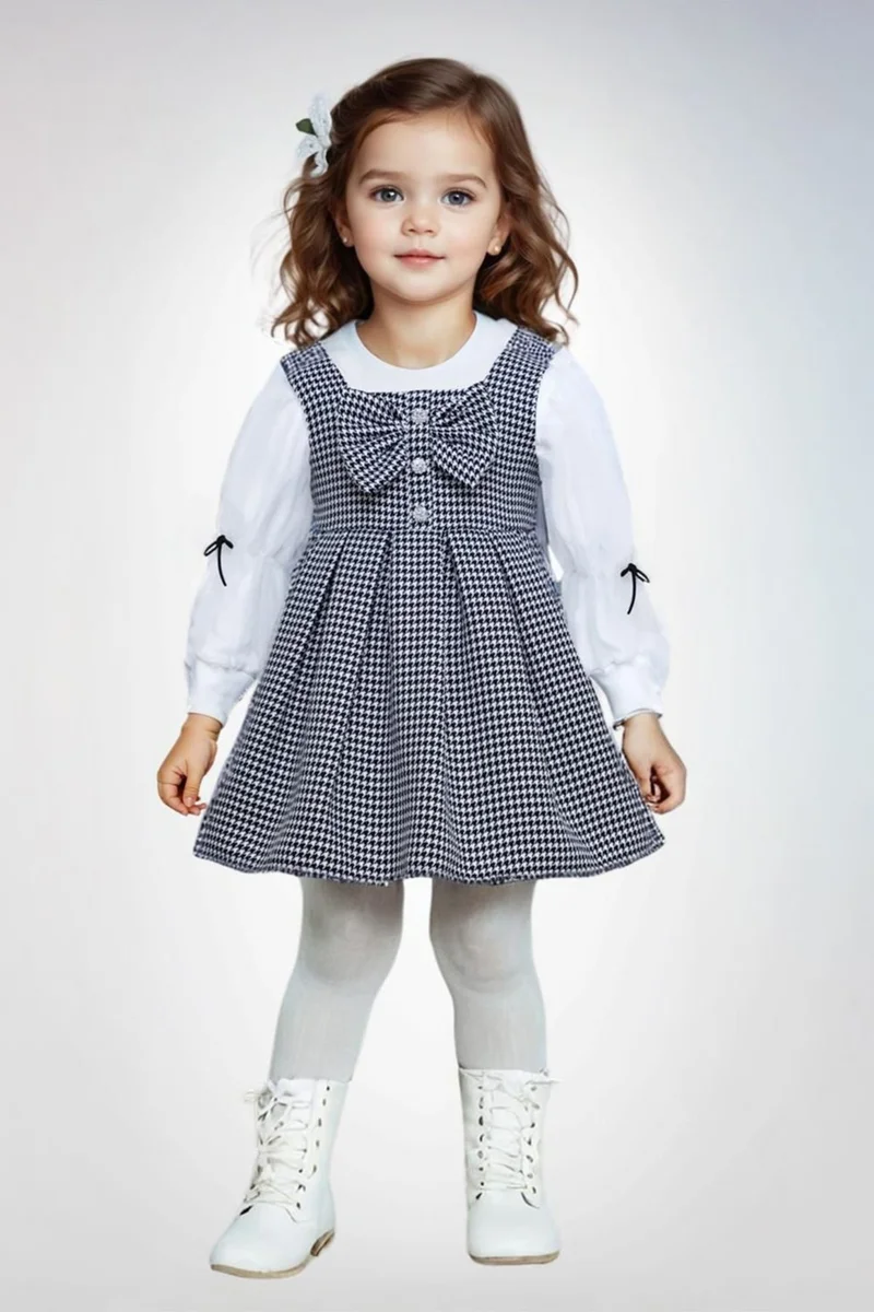 Miniğimin Cicileri My Little One's Cicileri Houndstooth Patterned Bow Detail Sleeves Girl's 2-piece skirt set - White