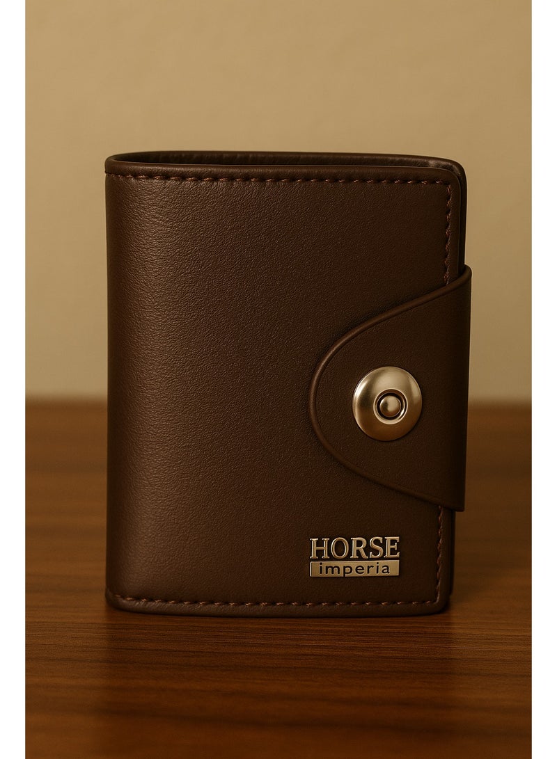 Horse Imperial Leather Card Holder - Small Pocket-Sized Design with Button Closure - Brown - Image 1