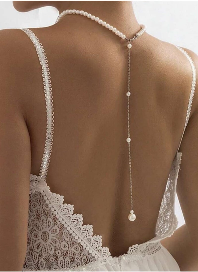 RA accessories Women Elegant Back Chain Of Off White Pearls With Silvery Chain  - Image 2