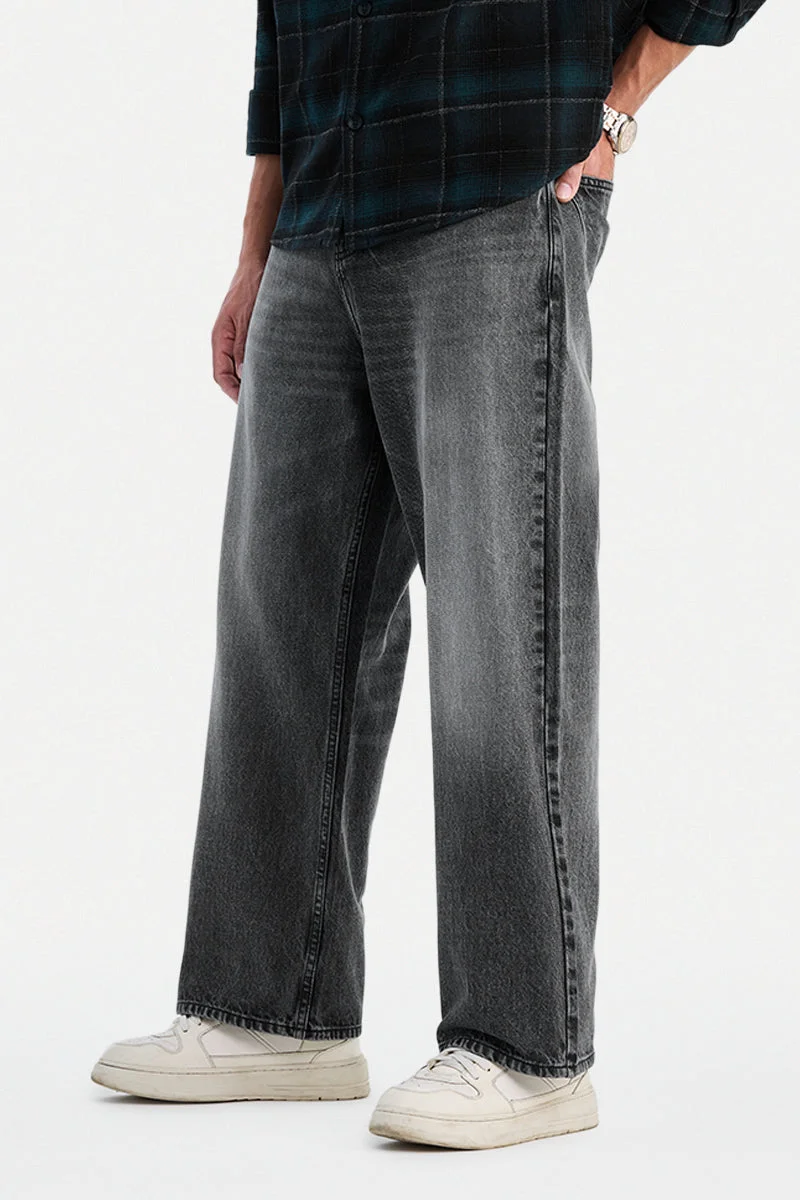 SNITCH Charcoal Grey Solid Loose Fit Streetwear Jeans