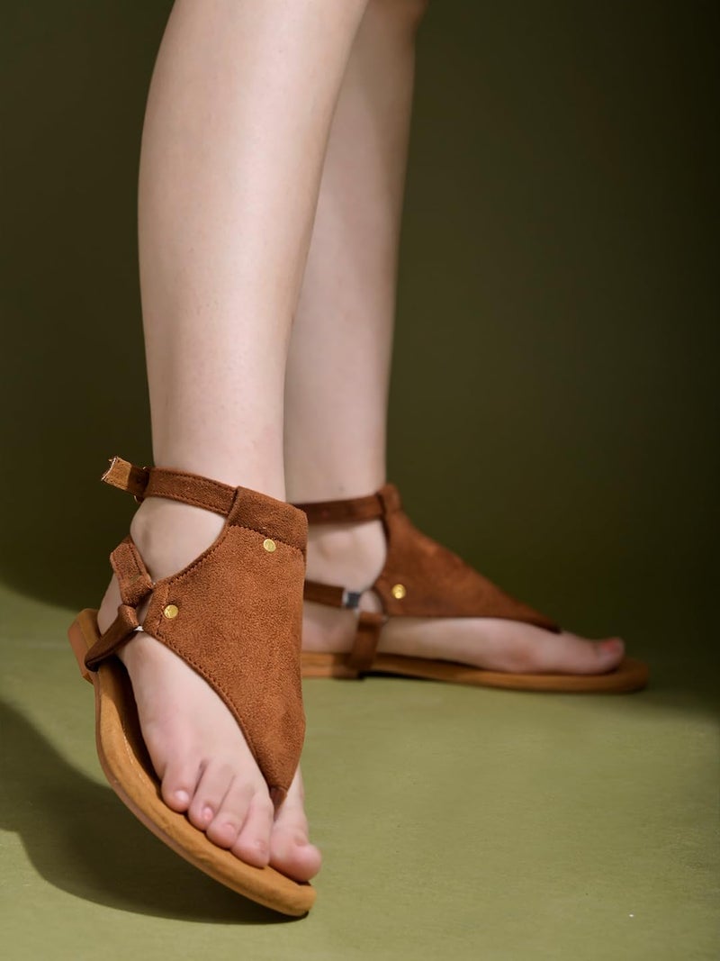 Shoetopia Women’s Tan Suede Flat Sandals Stylish Toe Ring T-Strap with Ankle Buckle Comfortable Summer & Casual EU38 - Image 3
