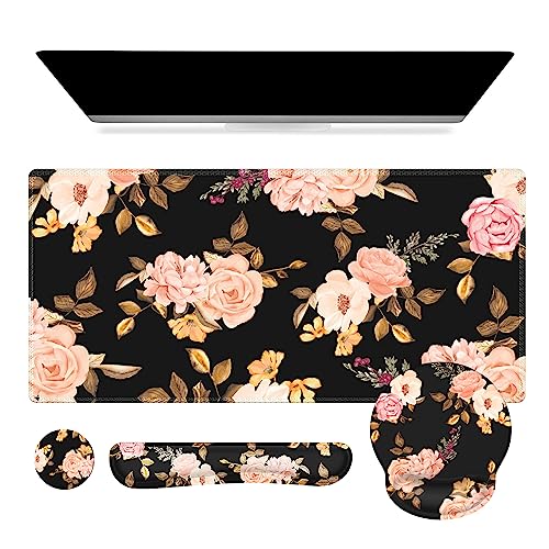 iCasso Desk Mat Gaming Mouse Pad Wrist Support Set4in1 XXL Large Mousepad Keyboard Wrist RestMouse Wrist RestCoaster Set with Ergonomic Design for Home Office Table ComputerPenoy