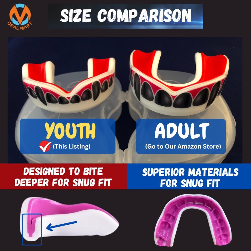 Oral Mart حارس الفم الأسود لأسنان مصاص الدماء البيضاء/الحمراء للشباب للأطفال - حارس الفم للشباب للكاراتيه، كرة القدم، فنون القتال، التايكوندو، الملاكمة، الرجبي، BJJ، موياي تاي، كرة القدم، الهوكي (مع علبة مجانية) - Image 3