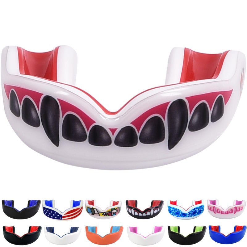 Oral Mart حارس الفم الأسود لأسنان مصاص الدماء البيضاء/الحمراء للشباب للأطفال - حارس الفم للشباب للكاراتيه، كرة القدم، فنون القتال، التايكوندو، الملاكمة، الرجبي، BJJ، موياي تاي، كرة القدم، الهوكي (مع علبة مجانية) - Image 1