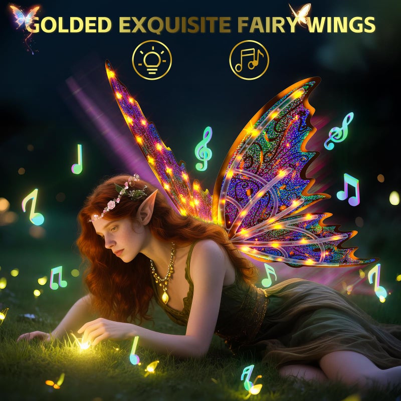 maysida Gold Fairy Wings for Kids and Girls, Light-up Electric Sparkling Wings Princess Halloween Set with Wand, Crown, Butterfly Wings â€“ Ideal for Cosplay, Party, Birthday, Christmas - Image 2