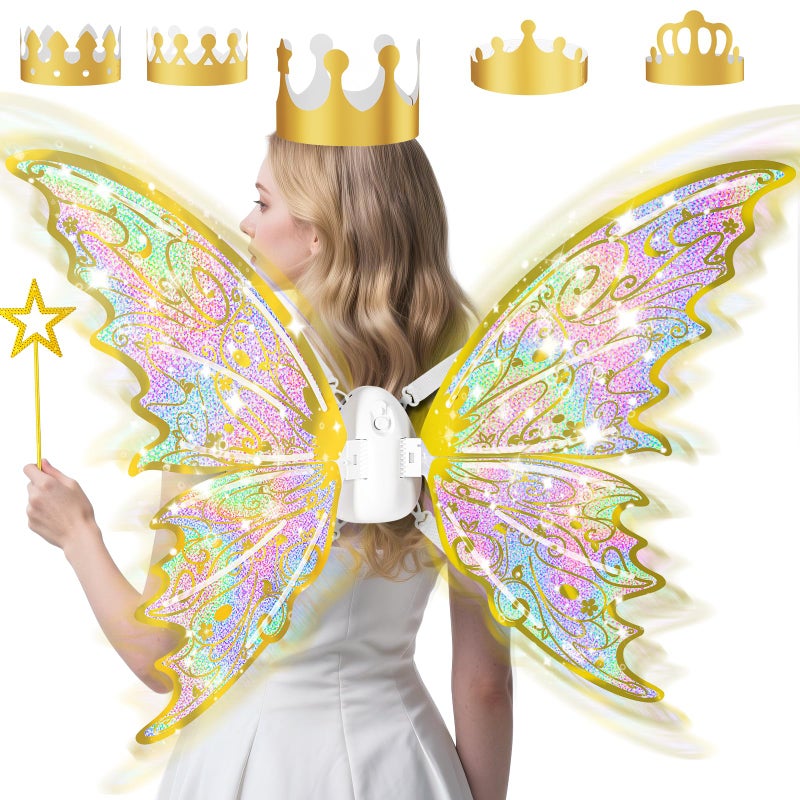 maysida Gold Fairy Wings for Kids and Girls, Light-up Electric Sparkling Wings Princess Halloween Set with Wand, Crown, Butterfly Wings â€“ Ideal for Cosplay, Party, Birthday, Christmas - Image 1