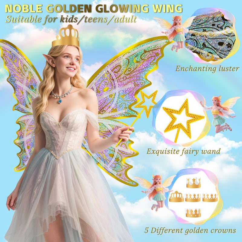 maysida Gold Fairy Wings for Kids and Girls, Light-up Electric Sparkling Wings Princess Halloween Set with Wand, Crown, Butterfly Wings â€“ Ideal for Cosplay, Party, Birthday, Christmas - Image 5