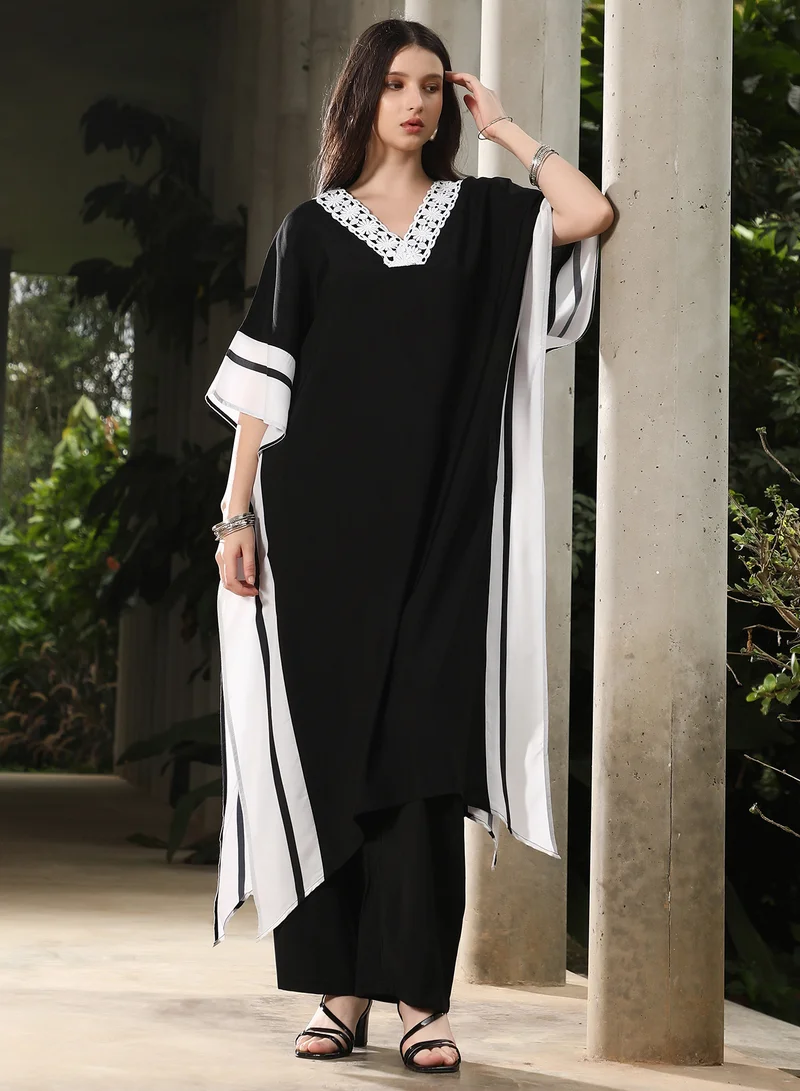 QISSA Women's Midnight Black Panel-Striped Kaftan Kurta Set For Ethnic Wear | V-Neck, Quarter Kimono Sleeves | Stripes Plain Fabric | 2 Piece Kurta Set Designed For Casual & Evening Wear