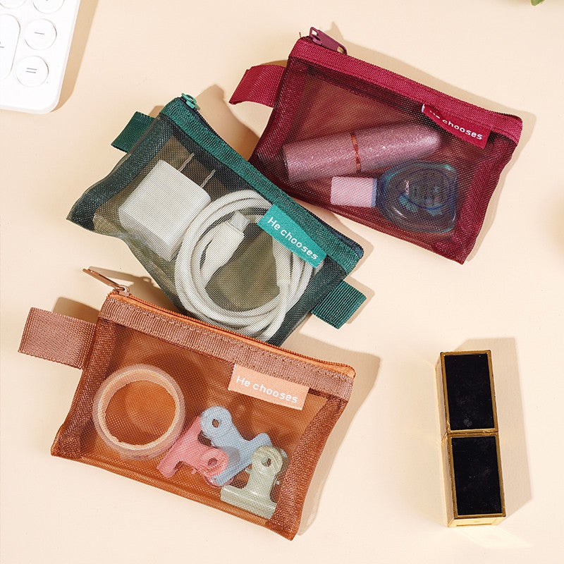 Retro Color Nylon Square Mesh Storage Bag Internet Celebrity Storage Bag Zipper Coin Purse Transparent Mini Bag - Image 5