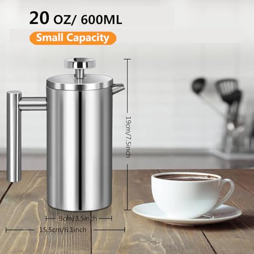 Meelio Small French Press Coffee Maker 600ml, Double-Wall Insulated French Press Coffee Press Stainless Steel for travel camping, Included 2 Extra Fliters and 1 Coffee Spoon (2-4cup, 20 OZ) - Image 2