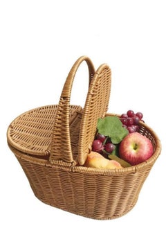 FFD Rattan Picnic basket Handmade Wicker Basket with Handle Storage Basket with Handle Two Side Cover Shopping Storage Hamper Basket Hand Basket For Fruits vegetable flower