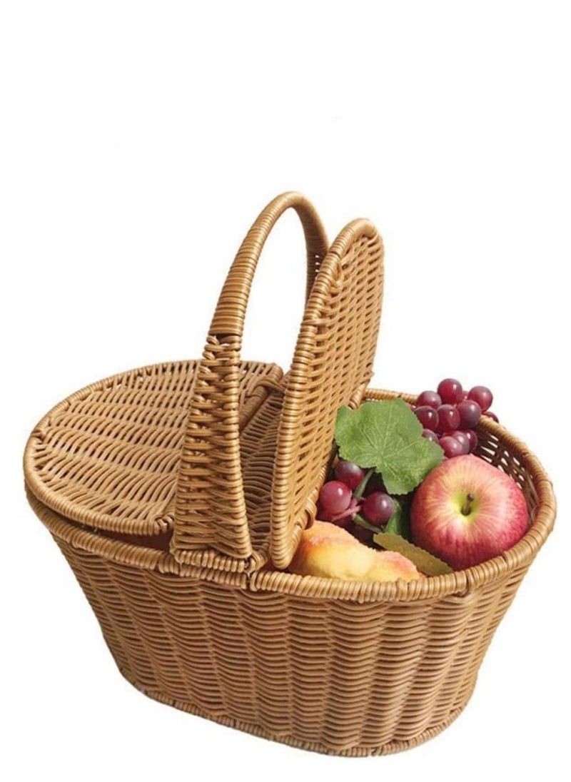 Generic - FFD Rattan Picnic basket Handmade Wicker Basket with Handle Storage Basket with Handle Two Side Cover Shopping Storage Hamper Basket Hand Basket For Fruits vegetable flower - Image 1