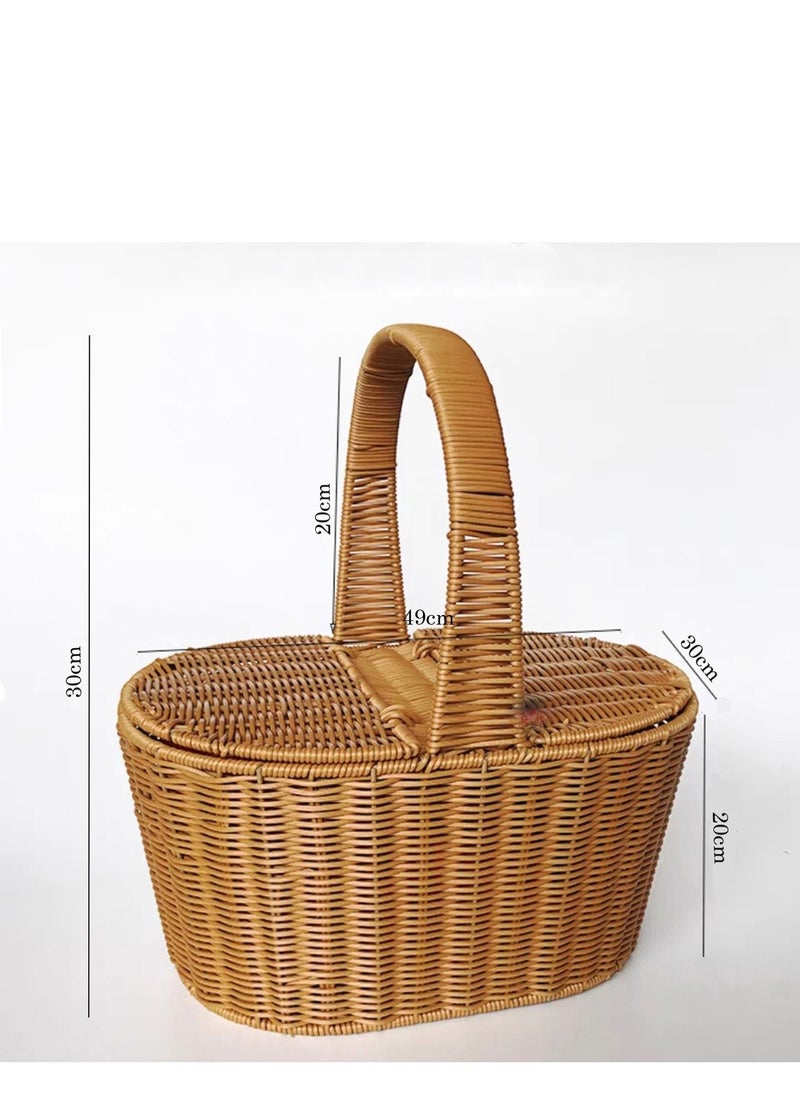 Generic - FFD Rattan Picnic basket Handmade Wicker Basket with Handle Storage Basket with Handle Two Side Cover Shopping Storage Hamper Basket Hand Basket For Fruits vegetable flower - Image 1