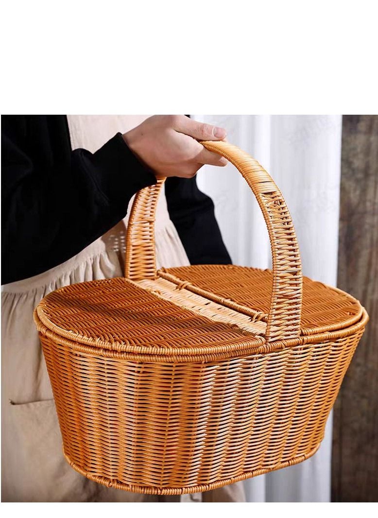 Generic - FFD Rattan Picnic basket Handmade Wicker Basket with Handle Storage Basket with Handle Two Side Cover Shopping Storage Hamper Basket Hand Basket For Fruits vegetable flower - Image 1