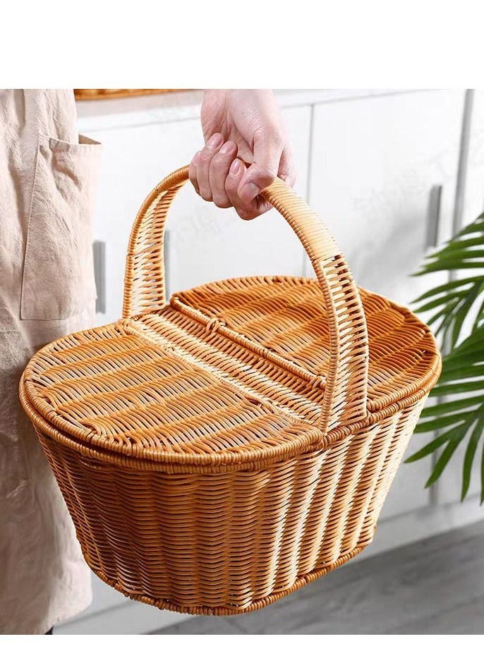 Generic - FFD Rattan Picnic basket Handmade Wicker Basket with Handle Storage Basket with Handle Two Side Cover Shopping Storage Hamper Basket Hand Basket For Fruits vegetable flower - Image 1