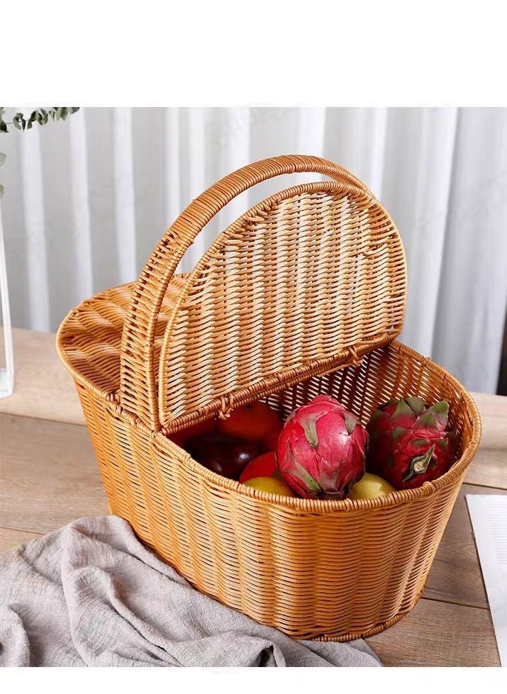 Generic - FFD Rattan Picnic basket Handmade Wicker Basket with Handle Storage Basket with Handle Two Side Cover Shopping Storage Hamper Basket Hand Basket For Fruits vegetable flower - Image 1