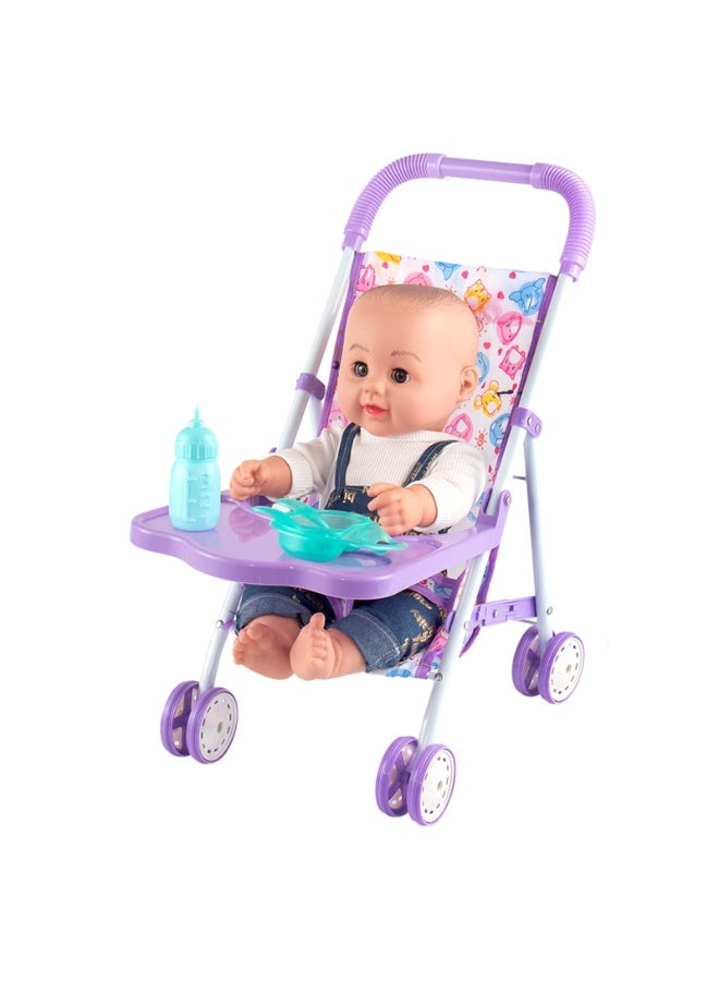 Kikibebe 18-Inch Fat Boy Stroller Set – Purple Stroller, Bottle & Dinner Plate – Multicolor - Image 2