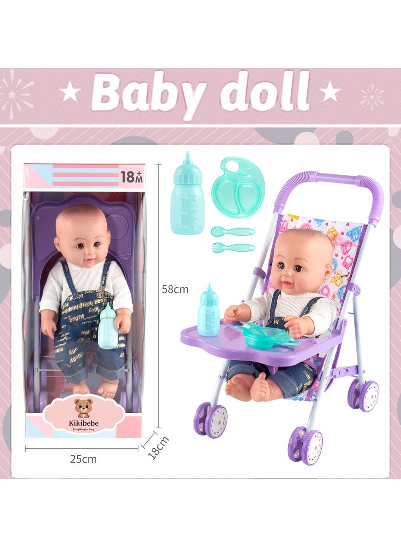 Kikibebe 18-Inch Fat Boy Stroller Set – Purple Stroller, Bottle & Dinner Plate – Multicolor - Image 1