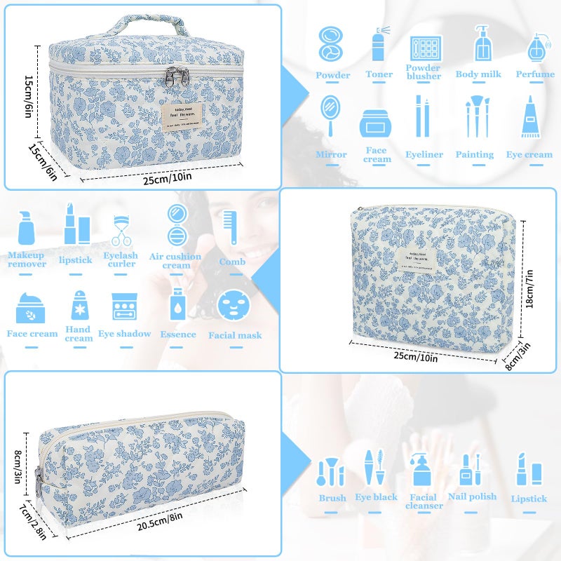 Gosect Makeup Bag, Large Quilted Cosmetic Bag, Big Floral Make Up Bag for Women Girls, Cute Cotton Makeup Bag Set, Flower Travel Toiletry Organizer Bag (Blue Flower) - Image 2